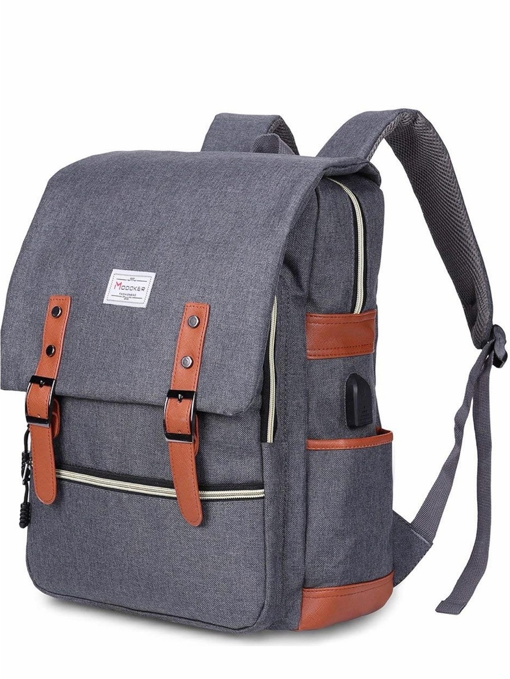 Grey Canvas Backpack with Brown Trim - Women’s Everyday Backpack